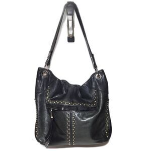 B. Makowsky Studded Leather Slouch Shoulder Bag Black Hobo Y2K Leopard Interior